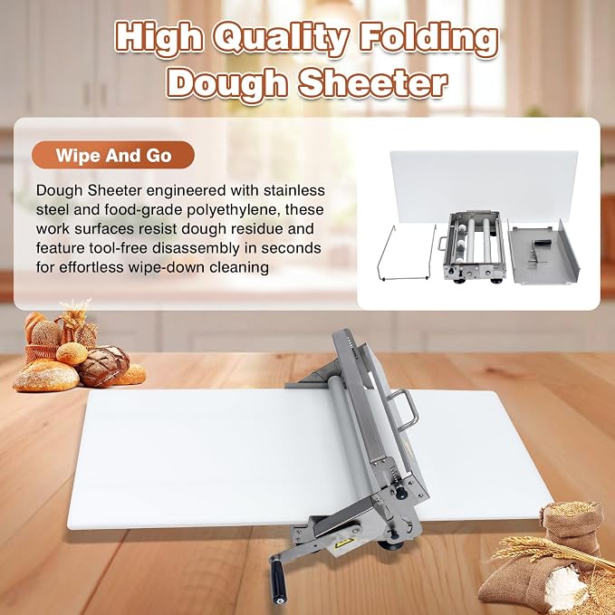 Folding Dough Sheeter, 40.9 x 15.5 Inch Manual Dough Roller Machine with Sheeter Board, Stainless Steel, Thickness Adjustable for Pizza Dough and Puff Pastry