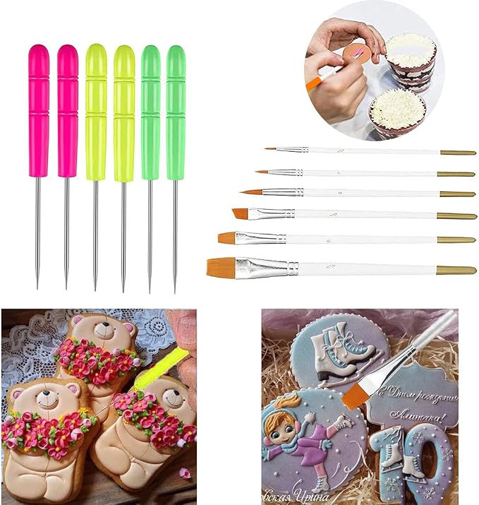 Cookie Decorating Kit Cookie Decorating Supplies with 1 Acrylic Turntable, 6 Cookies Fondant Brushes 6 Scribe Needle Royal Icing Tools