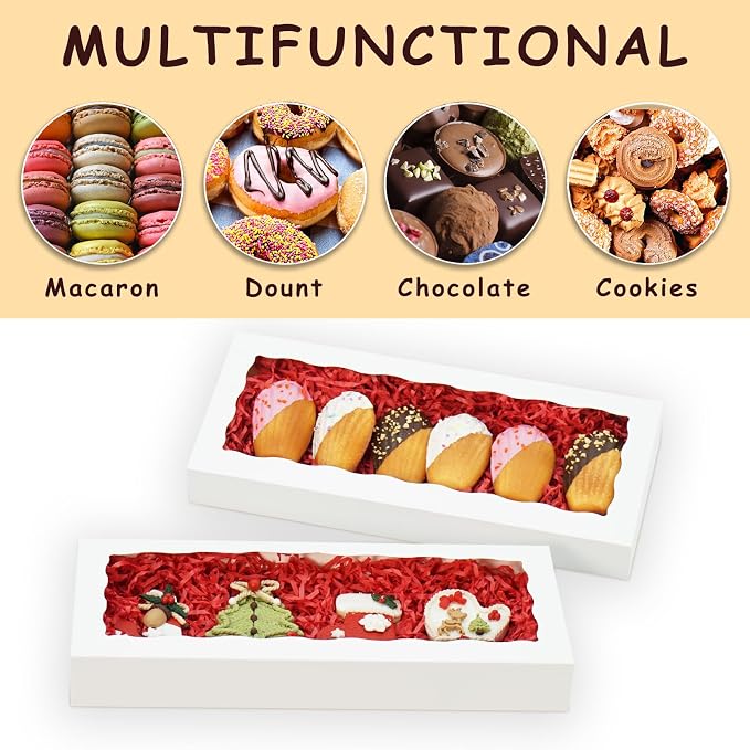 XINHPKGG 5pcs Cookie Boxes with window 12 x 5 x 1.5 Inch Bakery Boxes Treat Box Dessert Box for Wedding Party Favors - White