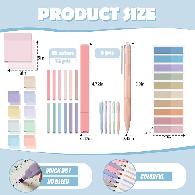 Jutom 39 Pcs Aesthetic Book Annotation Kit Highlighter with Case Bag Gel Pen Transparent Sticky Note Taking Bible Supplies(Purple,Cute Style)