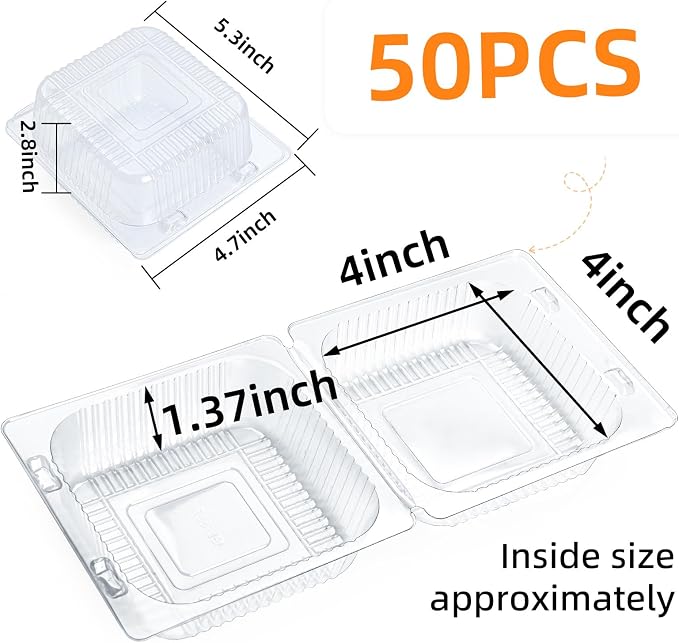 Evnlo 50 Count Clear Plastic Containers with Lids for Food, Thickened Disposable Sandwich Containers Clamshell Boxes for Cake Slice, Dessert, Hamburger, Salad, Pastry, Fruits, Takeout Tray