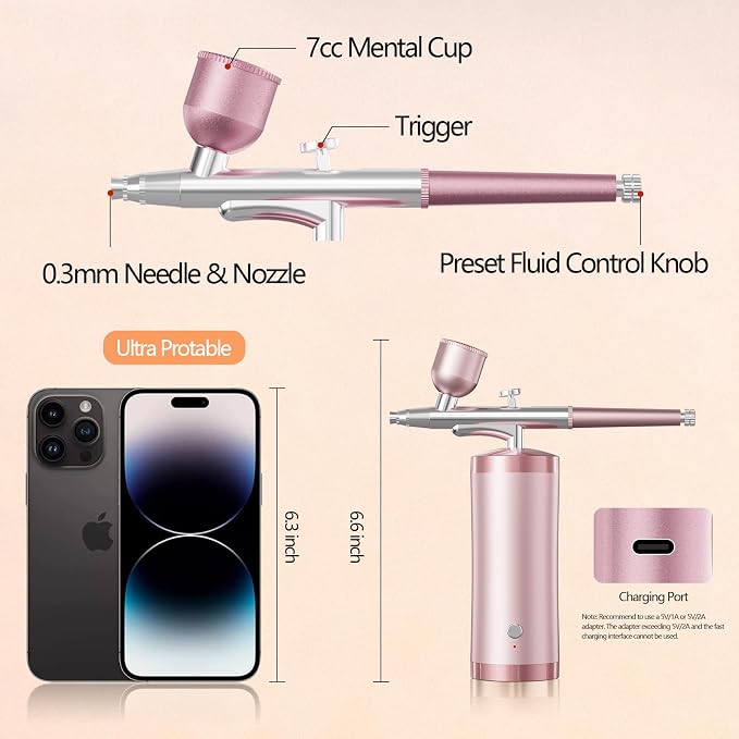 Airbrush Kit With Compressor 48PSI Rechargeable High Pressure Air Brush Set Cordless Airbrush Kit with 0.3mm Nozzle for Painting,Nail Art, Cake Decor,Makeup,Modeling (Pink)
