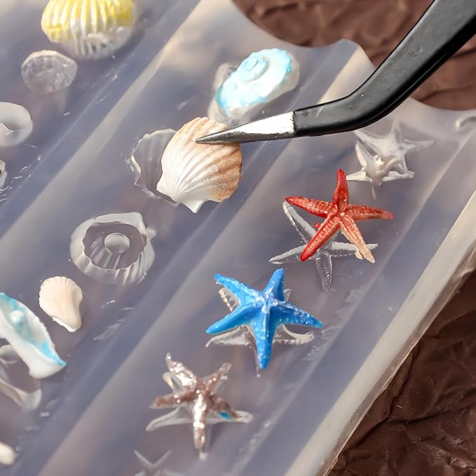 Ocean Nail Art Silicone Mold, 3D Seashell Starfish Conch Nail Charms Mold, Marine Theme Silicone Mold for Acrylic Gel Resin Nail Decoration, Reusable DIY Nail Accessories