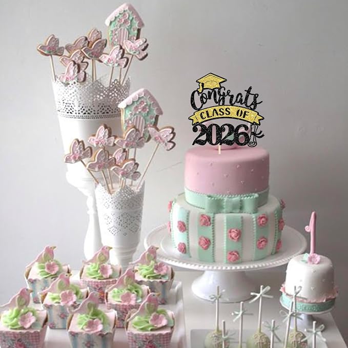 1 Pack Congrats Class of 2026 Cake Topper with Gold Black Glitter Diploma Graduation Cap Cake Pick Contrats Class of 2026 Cake Decorations for 2026 Graduation Theme High School Boys Girls