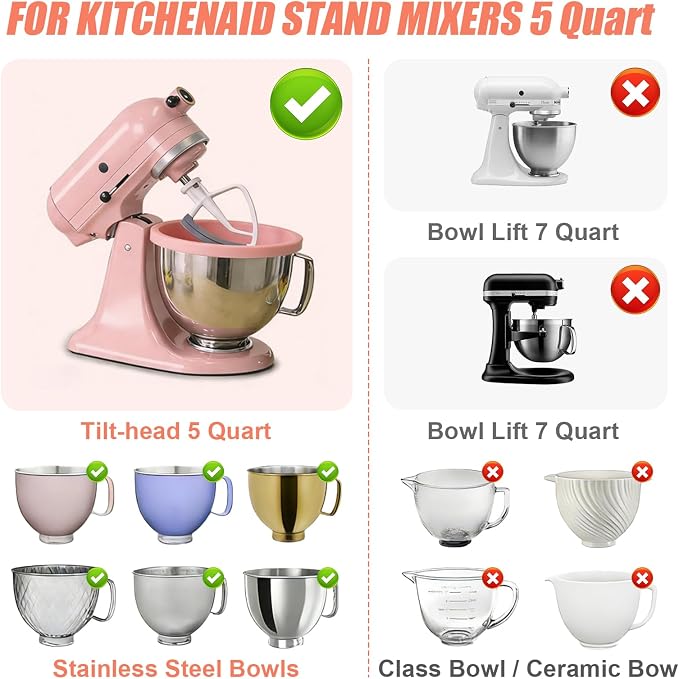 Foldable Silicone Liners for 5 Qt KitchenAid Tilt-Head Stand Mixer(Only), Odourless,Thicker, Cold/Heat-Resistant & Non-Stick, Easy Clean, with Splash-proof Bowl Lid, Pink