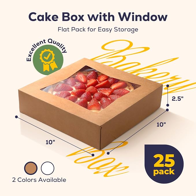Fit Meal Prep [25 Pack] Pie Boxes With Window 10x10x2.5 Kraft Pastry Boxes Auto-Popup Cardboard Gift Packaging for Cupcake, Cookies Treat Box for Party, Christmas, Valentines Day