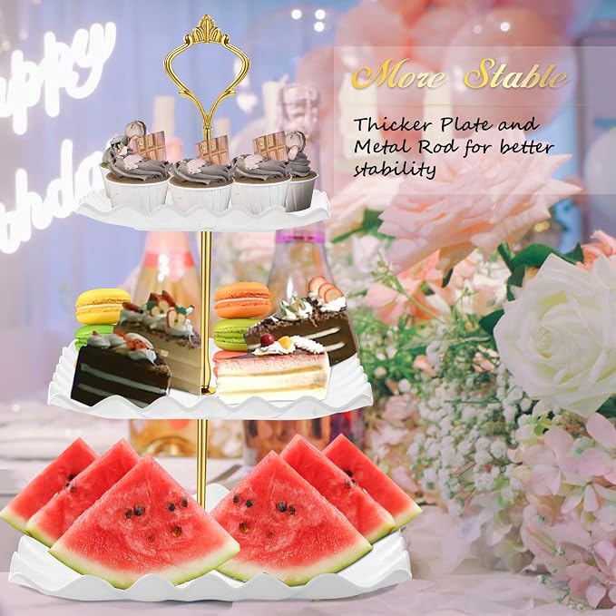 DAFURIET Plastic Dessert Cupcake Stand, 3 Tier Cup Cake Holder Tower for Tea Party/Birthday/Wedding, Tiered Serving Tray with Metal Rod, White