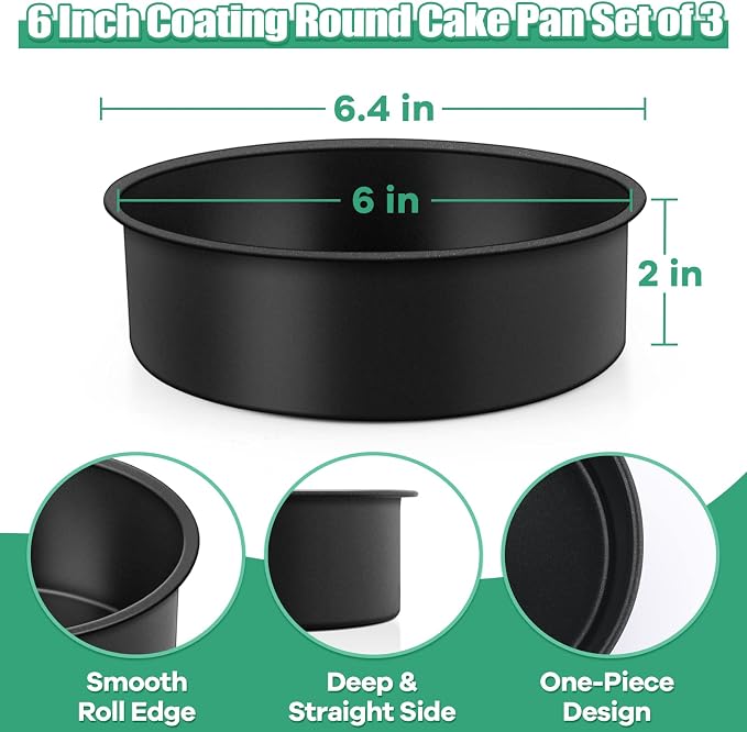 TeamFar 6 Inch Round Cake Pans, Round Baking Layer Cake Pan Set of 3, with Non-Stick Coating Stainless Steel Core for Birthday, Party, Wedding, Healthy & Heatproof, Release Easily & Easy Clean