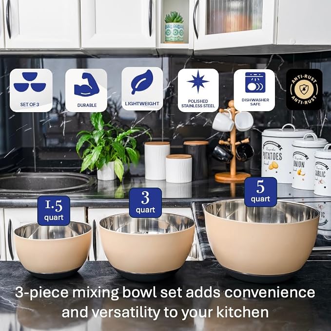 WHYSKO Stainless Steel Mixing Bowls Set of 3 with Non-Slip Silicone Base, Nesting Metal Bowls for Meal Prep, Baking, Cooking & Food Storage, Dishwasher Safe Kitchen Mixing Bowls, Tan