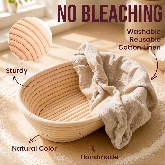DOYOLLA Bread Proofing Basket Set, Sourdough Starter Kit, Banneton Bread Making Tools with Silicone Bread Sling, Sourdough Bread Making Suppies, Baking Gifts, (Oval,10 inch) | Handmade Rattan
