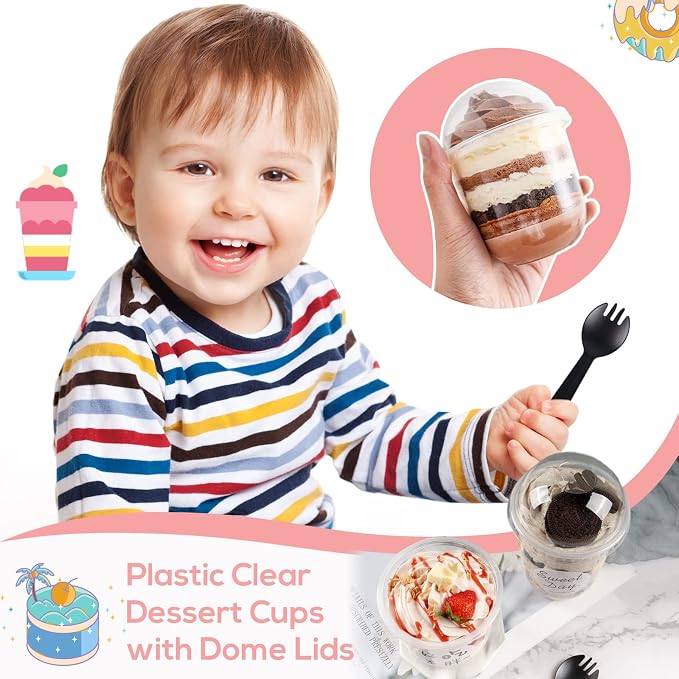 Jnnzzggu 50 Pack 12oz Clear Plastic Cups with Dome Lids and Sporks No Hole Disposable Fruit Cups for Dessert, Cupcake, Parfait, Pudding, Iced Cold Drinks, Snacks, Fruits, Bakeries, Ice Cream