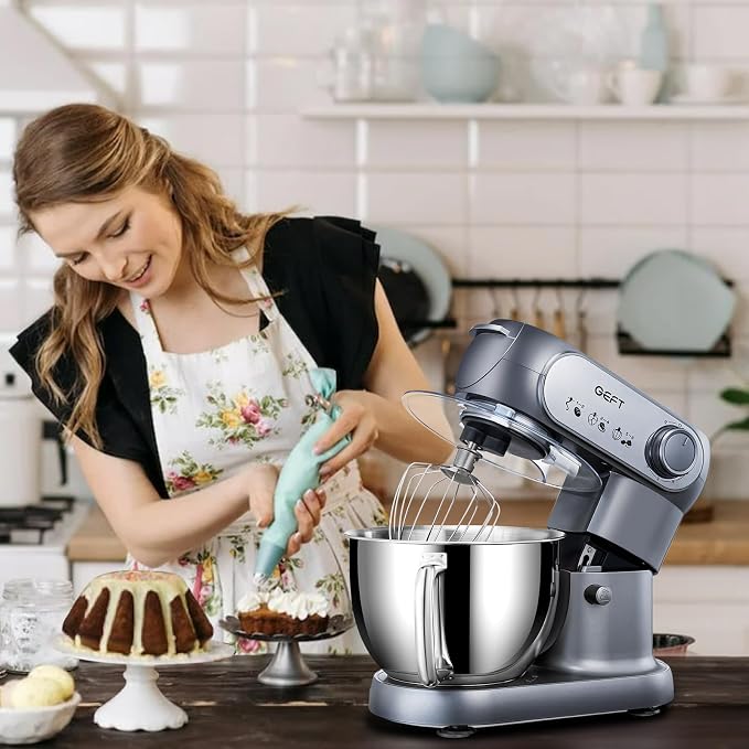 Stand Mixer, 6 QT 600W Tilt-Head Dough Mixer, 6+P speed Mixers Kitchen Electric Stand Mixer with Stainless Steel Bowl, Dishwasher-Safe Dough Hook, Flat Beater, Wire Whisk, Splash Guard, Grey