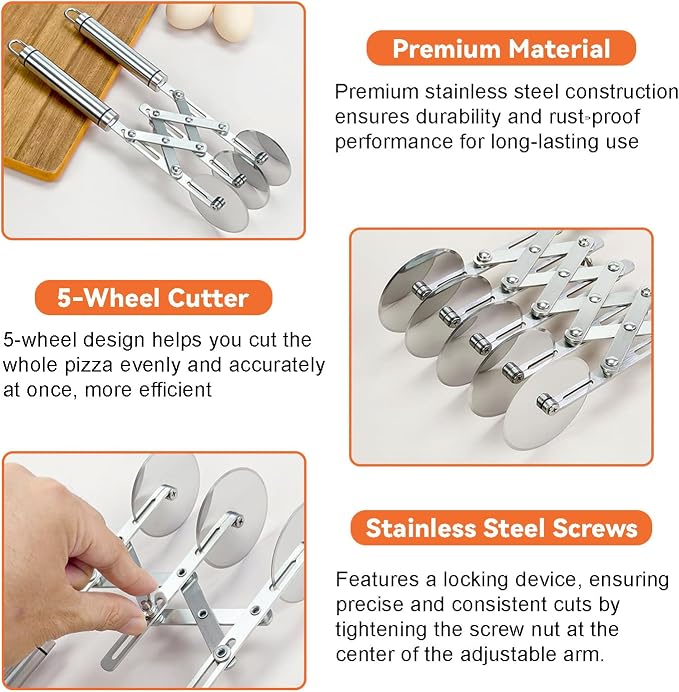 Ragyzity 5 Wheel Pastry Cutter, Stainless Steel Pizza and Dough Tool, Multi-Round Pastry Knife Baking Cutter with Double Wheel Dough Divider, Heavy Duty Pastry Wheel with Ergonomic Handle