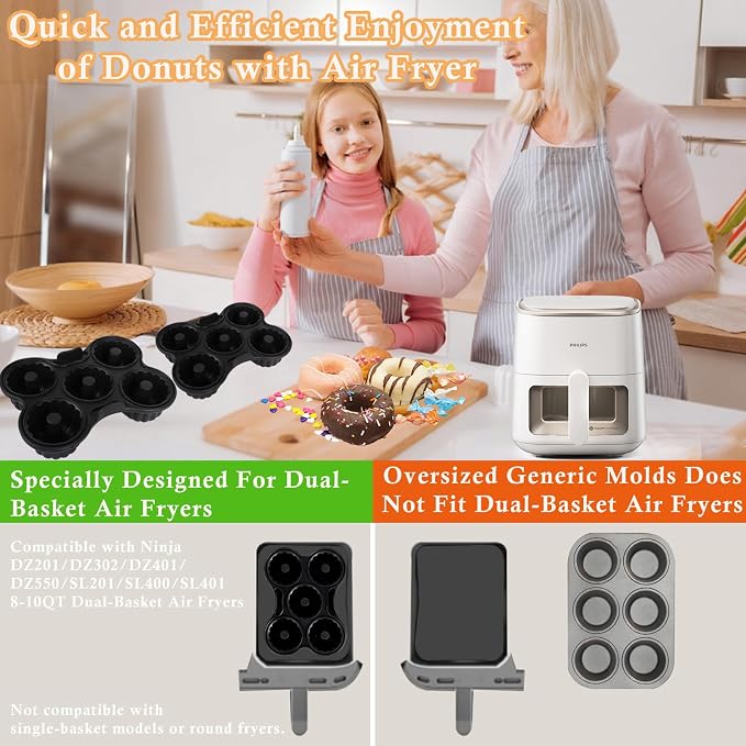 2 Pcs Silicone Donut Pan for Baking, Nonstick 5 Cavity Doughnut Baking Pans for Ninja 8QT-10QT Air Fryer, Make Perfect Bagels and Cake Donuts, Black