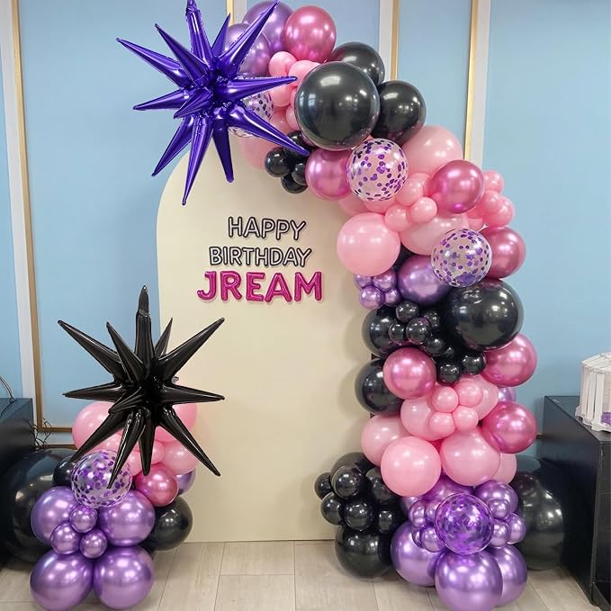 Pink and Purple Balloon Garland Arch Kit, Black Purple Pink Metallic Confetti Latex Party Balloons with Explosion Star Foil Balloon for Girls Bridal Baby Shower Wedding Birthday Party Decorations