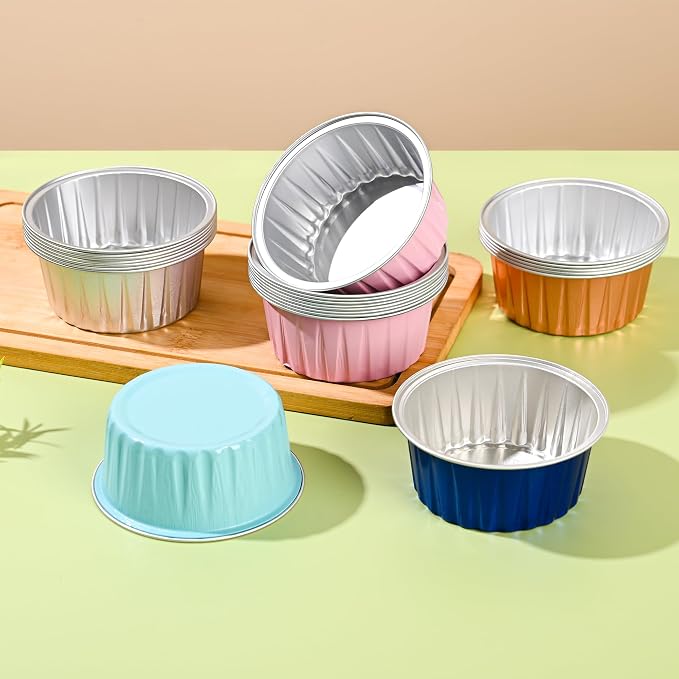Mini Aluminum Foil Cupcake Baking Cups with Lids (40pcs, 5oz) Round Cupcake Foil Liners Tart Pie Tin Pan Holder - Disposable Mini Cake Containers Flan Molds for Pudding, Souffle, Party, Wedding