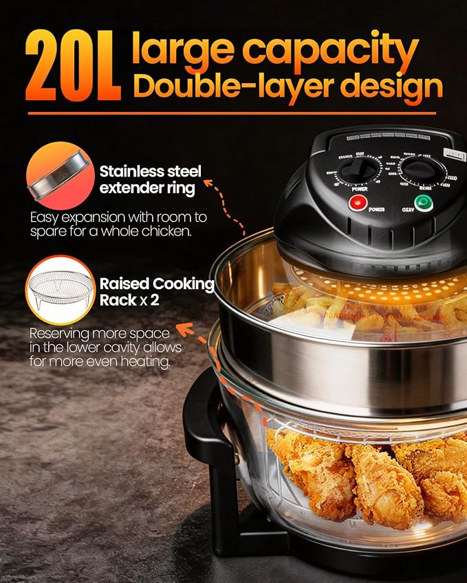 20L Black Glass Air Fryer Oven, Halogen Infrared Convection Countertop Cooker, Large Capacity Healthy Air Fryer for Fries, Chicken and More