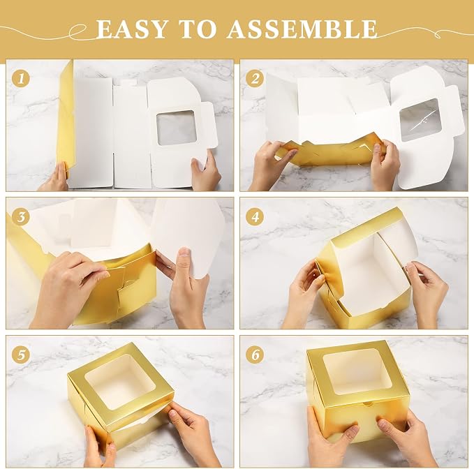 Thenshop 50 Pcs Bakery Boxes with Window 6 x 6 x 4 Inch Small Treat Containers Cookie Pastry Boxes Mini Cake Containers for Cookies, Pastry, Cupcakes, Dessert, Pie, Muffin, Donuts(Gold)