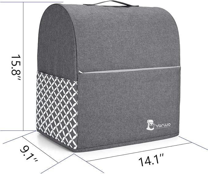 YARWO Stand Mixer Dust Cover Compatible with KitchenAid Mixer 6-8 Quart | Top Handle, Side Pockets for Kitchen Supplies, Dust-proof Protective Cover for Bowl-Lift 5.5/6/7 qt, Washable, Gray with Grid
