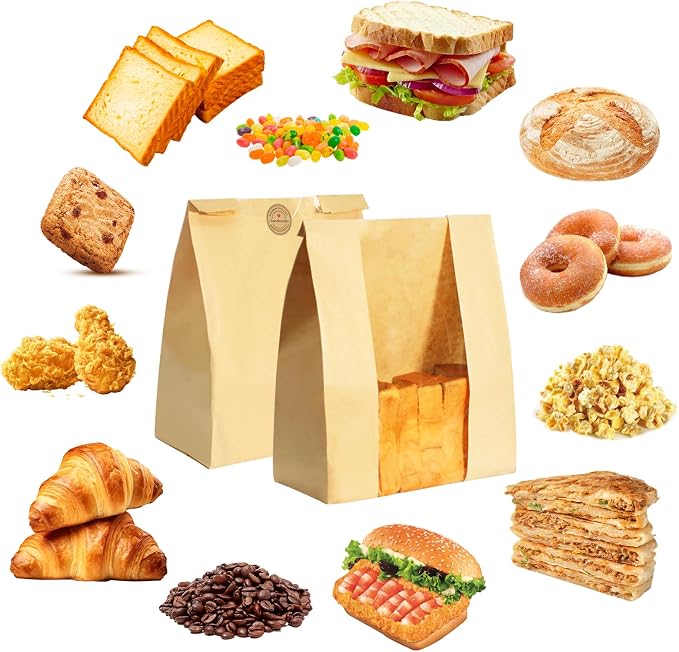 60PCS Bread Bags for Homemade Bread Paper Sourdough Bread Bags Large Bakery Bags with Window for Baked Food Packaging Storage Gift Giving Includes 60PCS Label Seal Stickers 13.7x8.3x3.5in