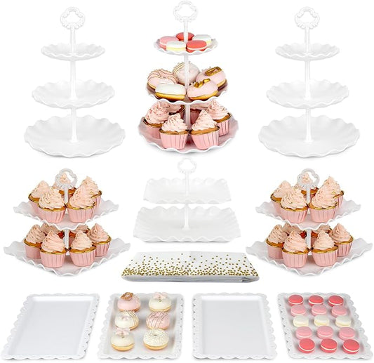 Pack of 11 NWK Cake Stand Set, with 3 x Two-Tier and 3 x Three-Tier Cupcake Stands, 4 x Appetizer Trays, 1 x Tablecloth for Birthday Bridal Baby Shower Party (White)