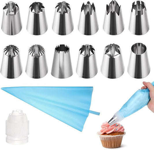 14Pcs Large Piping Tips Set, Stainless Steel Icing Nozzles Kit with Reusable Pastry Bag Cake Decorating Tip Set for DIY Pastry Dough, Cookie, Cupcake, Cakes and Baking