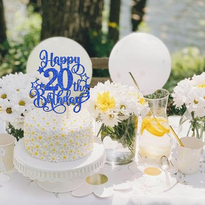 1 PCS Happy 20th Birthday Cake Topper Glitter Cheers to 20 Years Birthday Cake Pick Hello 20 Fabulous Cake Decoration for Happy 20th Birthday Anniversary Party Decorations Supplies Blue
