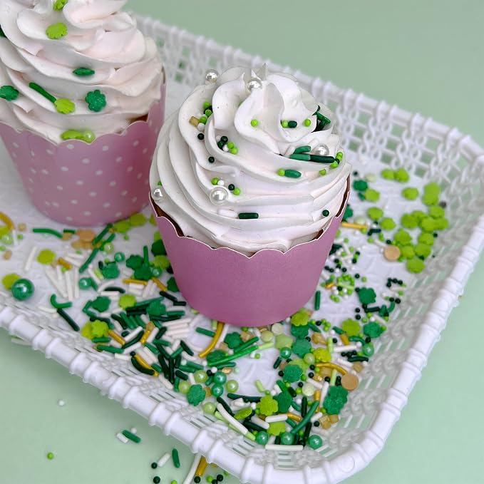 Green Sprinkles for Cake Decorating, ST Patricks Day Spring Sprinkles Mix with Shamrock Clover Jimmies Nonpareils for Ice Cream Cupcakes Baking Cookies Cake Topping