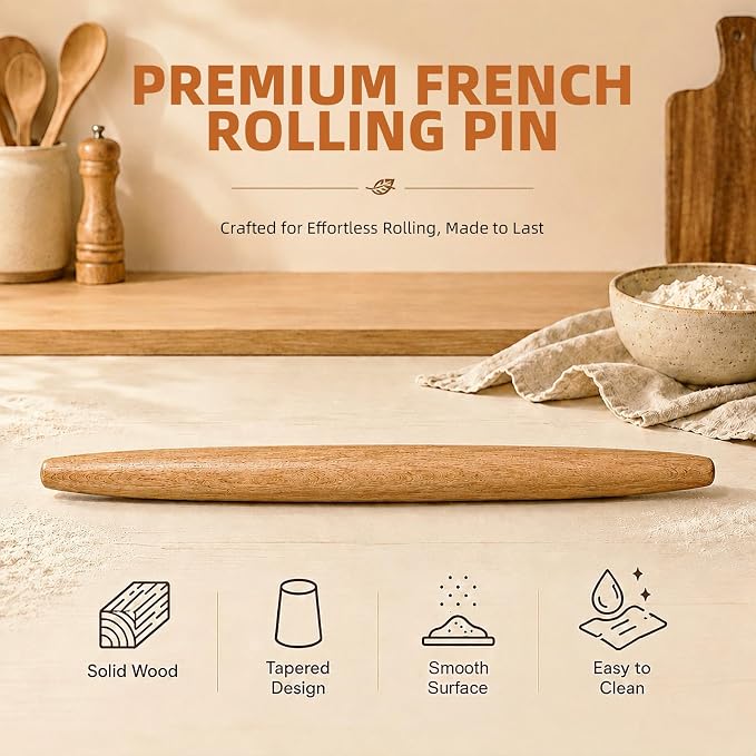 French Rolling Pin, 17 Inch Solid Wood Tapered Rolling Pin for Baking, Wooden Dough Roller for Pastry, Pizza Dough, Pie Crust, Cookies, Pasta and Fondant