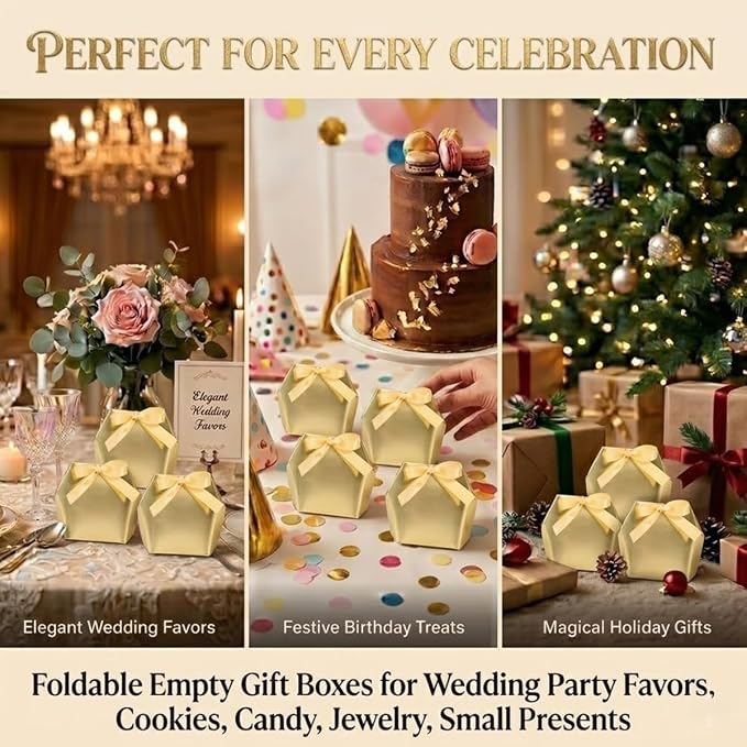 Rowcay Small Gift Boxes with Ribbons, 16 Pack Gold Foldable Empty Gift Boxes for Wedding Party Favors, Cookies, Candy, Jewelry, Small Presents, Gift Packaging and Favor Displays