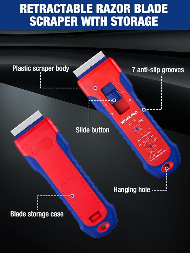 WORKPRO 2-Pack Retractable Razor Blade Scraper with 62 Blades, Built-in Storage Cleaning Scraper Tool for Paint Stickers Adhesive Glass Ceramic Wood