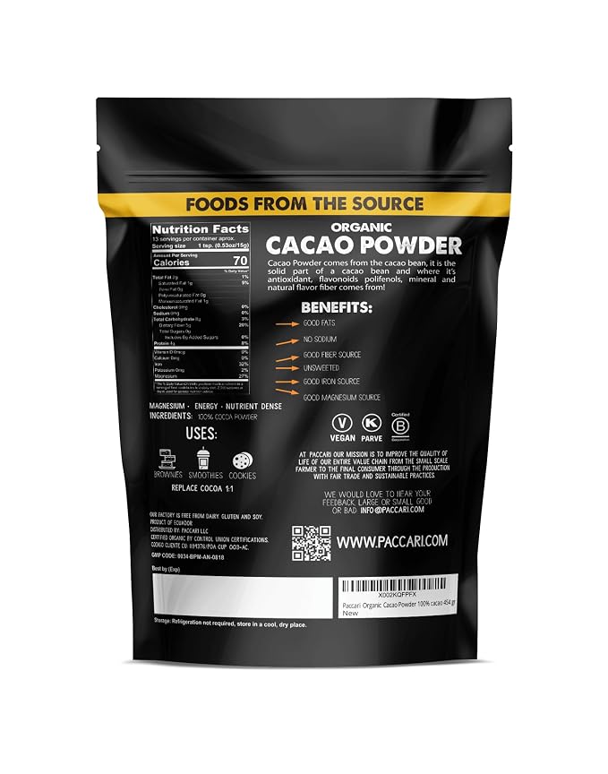 Paccari Cocoa Powder | Organic Cacao Powder Unsweetened | 100% Natural, Gluten Free, Organic, Non-GMO | Fair Trade Cacao Amargo en Polvo | (16 Oz)