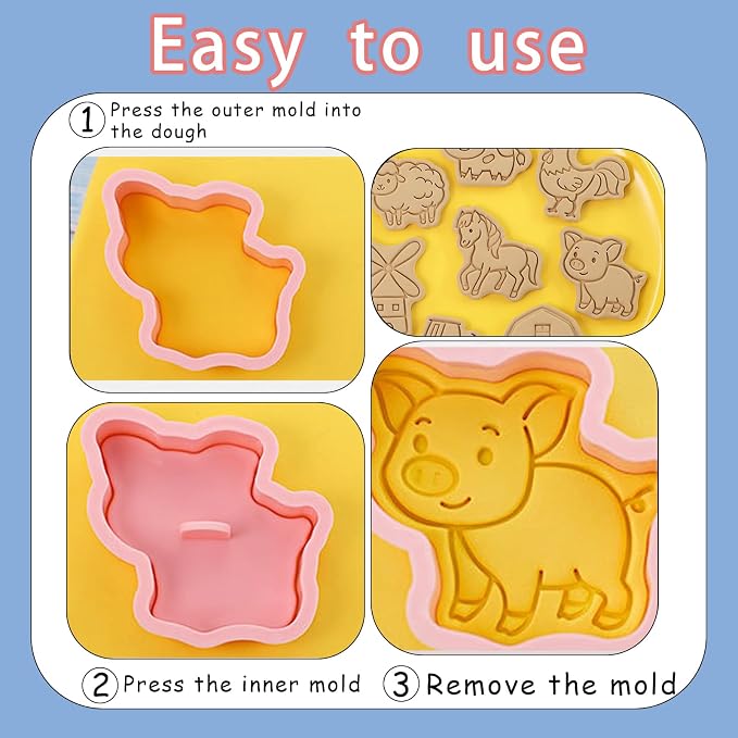 8 Pcs Pig Sheep Cookie Cutters With Plunger Stamps Set 3D Farm-Themed Embossing Cracker Cutters For Baking DIY Biscuit Snacks Cupcakes Fondant Cheese Pastries Frosting Decorations