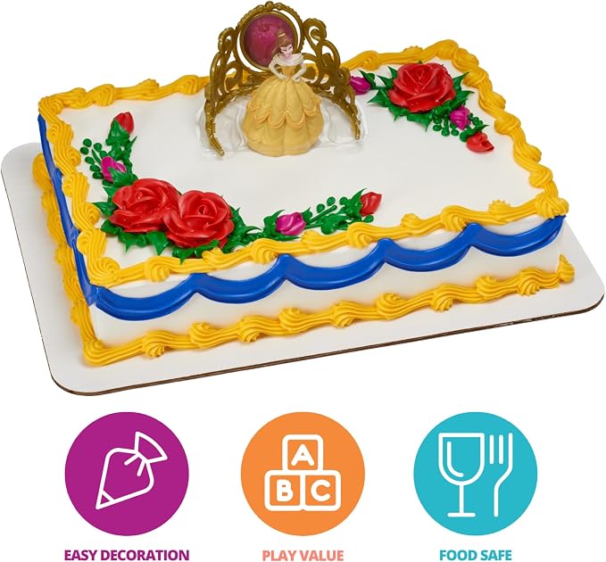 DecoSet® Disney Princess Belle Beautiful As A Rose Cake Topper, 2-Piece Decorations Set with Belle Figurine and Golden Tiara with Spinning Jewel, Beauty and the Beast Cake Decoration