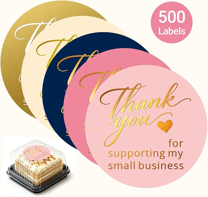 500 Pcs 1.5 Inch Thank You Stickers, Elegant Gold Foil Multicolor Thank You Stickers for Small Business, Enlarged Print Strong Adhesive Labels for Bakery Boxes, Order Packaging, Envelopes