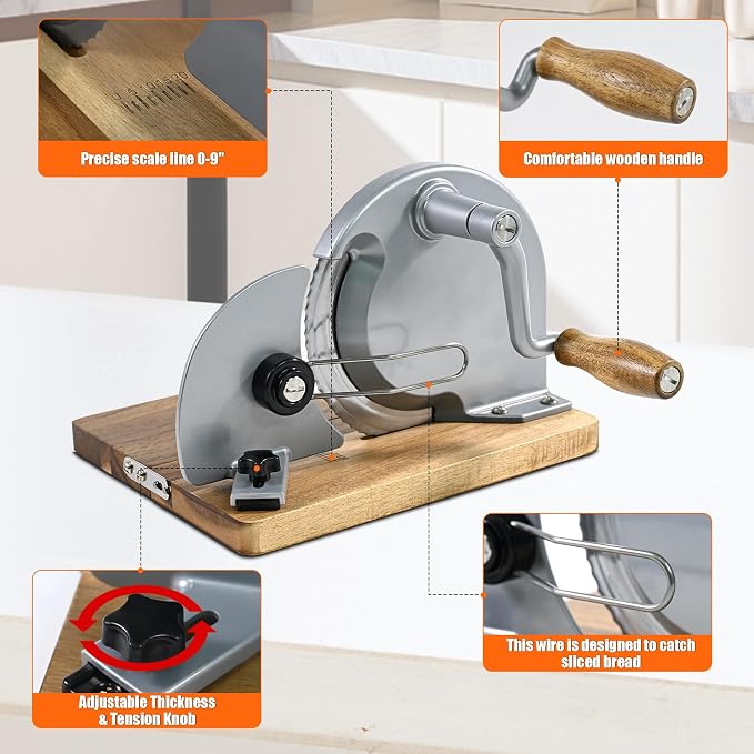 Upgraded Foldable Manual Bread Slicer,Manual Bread Slicer with Hand Crank,Adjustable Thickness,Equipped with Stainless Steel Blades,Non-Slip Base,Graduation Lines