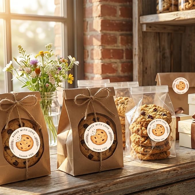 Louise Maelys 120 Pcs Baked with Love Stickers- 1.5 Inch Round Thank You Sticker with Cookie Pattern Labels for Bakery Packaging, Homemade Treats, Gift, Small Business Packaging or Party Favors