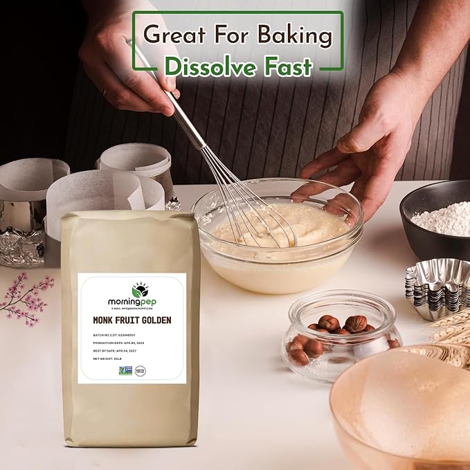 Morning Pep Monk Fruit Sweetener, golden Sugar Substitute, 55 lb, Keto Friendly, 1:1 Sugar Replacement, Zero Calorie, Non-GMO, Kosher, Golden - 55 lb BULK BAG (880 oz)