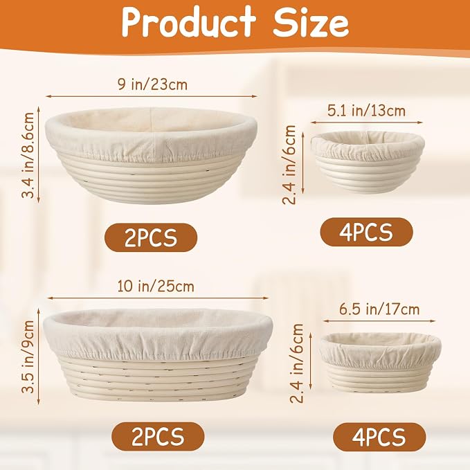 Set of 12 Banneton Bread Proofing Basket with Liner, 5-inch 9-inch Round and 7-inch 10-inch Oval Small Mini Bread Proofing Sourdough Bowl for Sourdough Making, Baking Supplies for Home Bakery