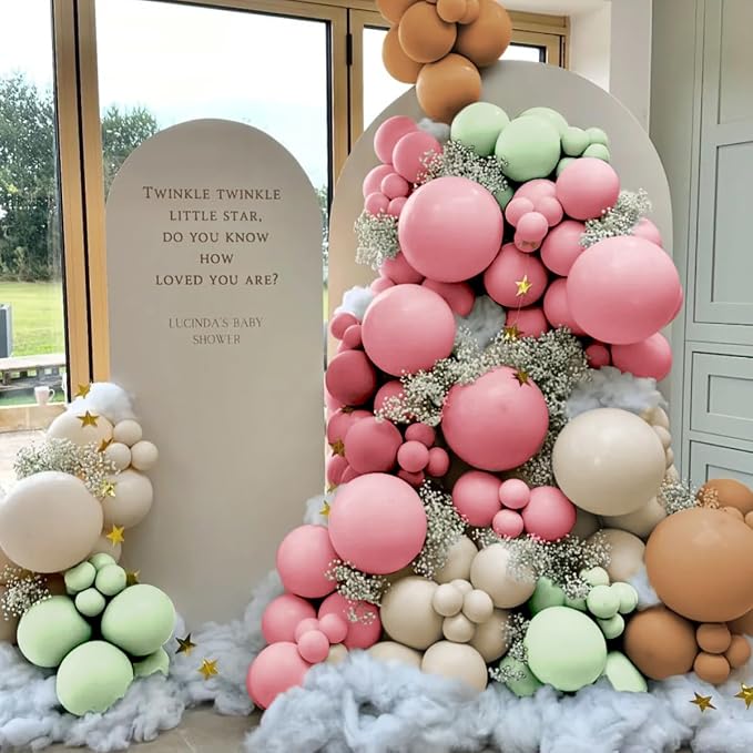 Sage Green Pink White Brown Balloons Garland Arch Kit, 160Pcs Boho Dusty Green Cherry Blossom Pink White Sand Brown Balloons for Girl Bridal Baby Shower Wedding Birthday Party Decorations