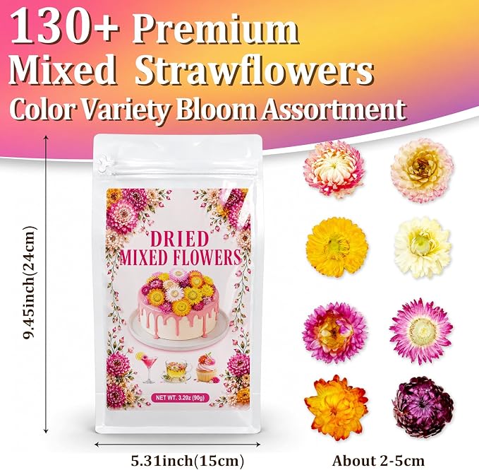 130+ Edible Dried Mixed Flowers for Cake Decorations - Food Grade Natural Color Strawflower, Dried Flower for Drink Toppers, Cocktail Garnish, Cupcakes & DIY Crafts