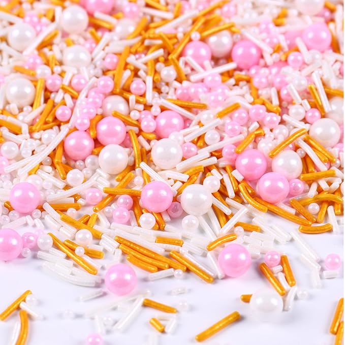 Pink White and Gold Sprinkles, 3.52oz Edible Pink Sprinkles for Cake Decorating Cupcakes Baking Ice Cream Cookie Wedding Valentines Party Decoration