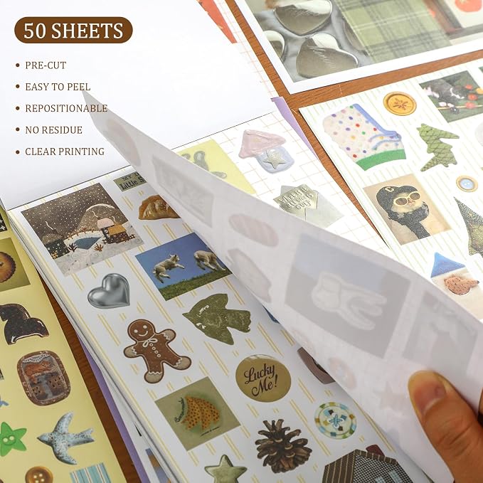 1300+ PCS Vintage Cute Scrapbook Sticker Book, 50 Sheets Retro & Ins Little Object Theme Korean Stickers for Scrapbooking, Art Scrapbook Supplies for Adults Teens Women Girls Junk Journal Journaling