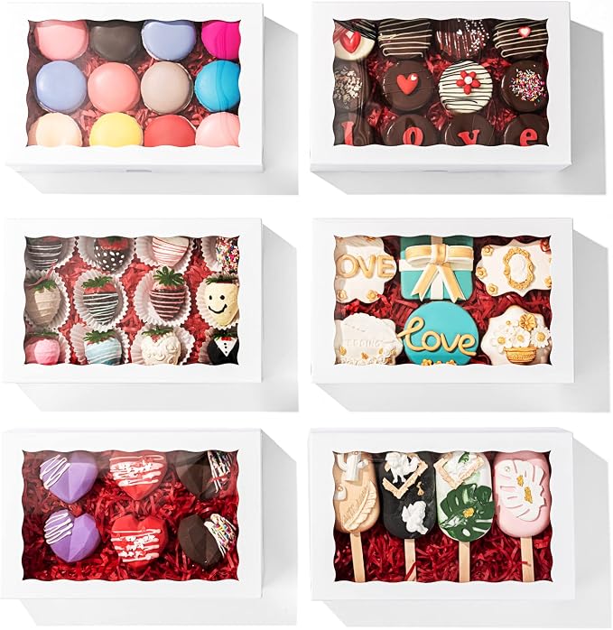 24 PCS 9.5" x 6" x 2" Bakery Boxes with Window for Cookies, Cakesicle, Chocolate Bomb, Macaron, Chocolate Covered Strawberries and Pretzel Rods