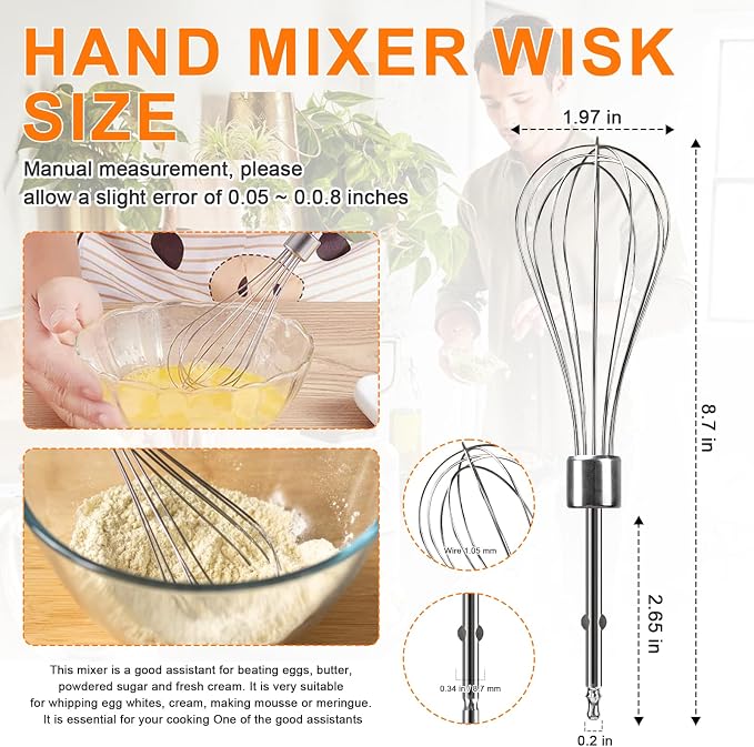 Hand Mixer Beaters Replacement for Cuisinart CHM Series, Stainless Steel Beater, Whisk, Dough Hook, Blending Rod Attachments Parts for HM-90S HM-50 HM-70 CHM-3 CHM-7PK 9 7 5 3 Mixers Blender - 6 PCS