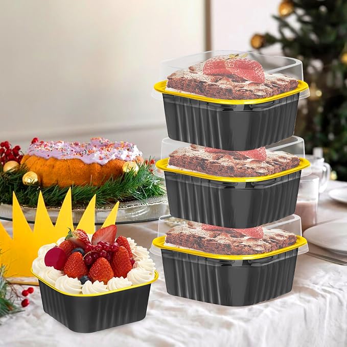 30Pack 5oz Mini Cake Pans with Lids Baking Cups Aluminum Foil Pans Tins, Individual Dessert Cups Containers for Sales,Party,Picnics (Black&Gold)