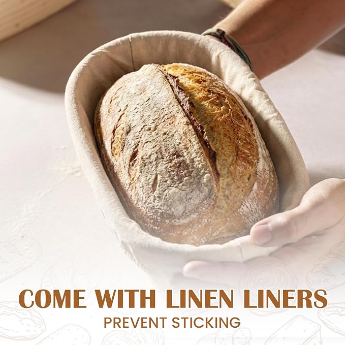 ANHVU HANDICRAFTS Banneton Proofing Basket Set of 2 - Oval 10" x 6" x 3.1" Natural Rattan Dough Rising Baskets with Washable Linen Liners for Artisan Sourdough and Homemade Bread Baking