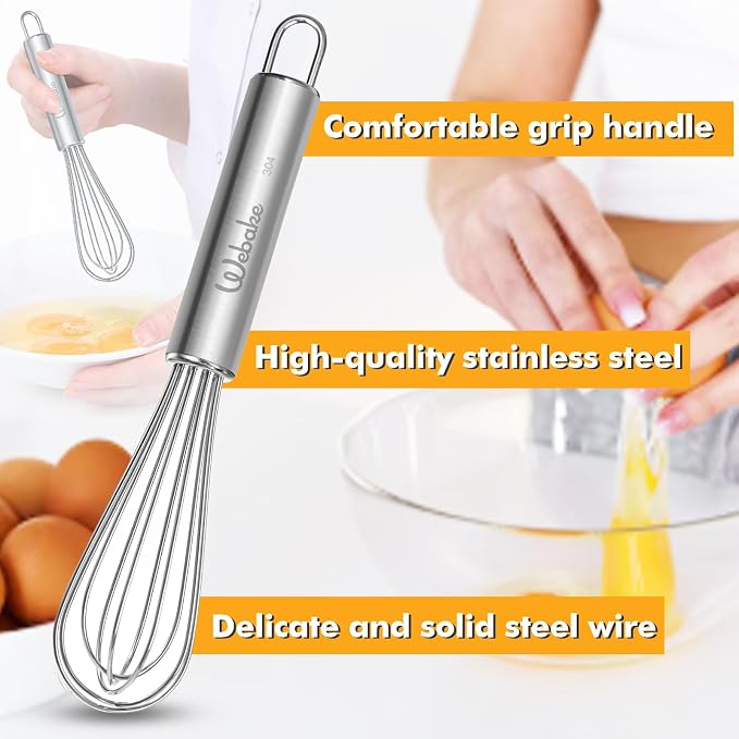 Webake 7.5" Stainless Steel Mini Whisks, 304 Small Metal Whisk for Professional or Home Set of 2