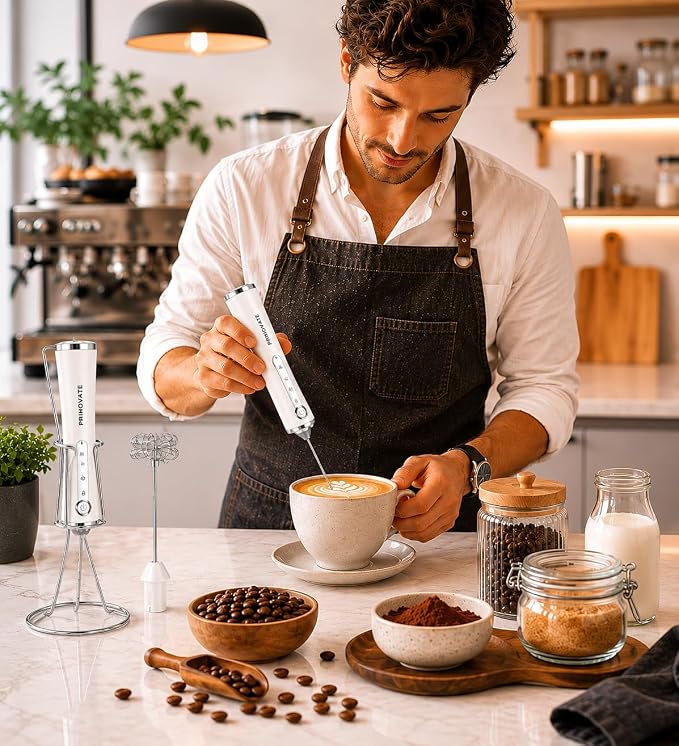 Rechargeable Milk Frother Handheld, Electric Coffee Frother with 2 Whisk, 3-Speed Powerful Drink Mixer, USB-C, Milk Foamer for Coffee,Latte,Cappuccino,Matcha & HotChocolate(White + Stand)