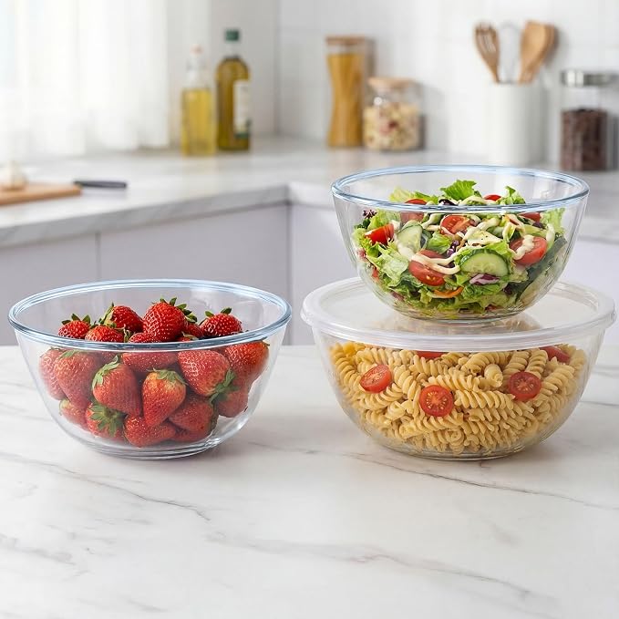 Glass Mixing Bowls with Lids Set(4.68 QT+ 2.89 QT+ 1.1QT)-Large Glass Mixing Bowls, Clear Salad Bowl for Baking, Cooking, Serving, Food Prep, 3PC Nesting Bowls for Kitchen Storage & Dishwasher Safe